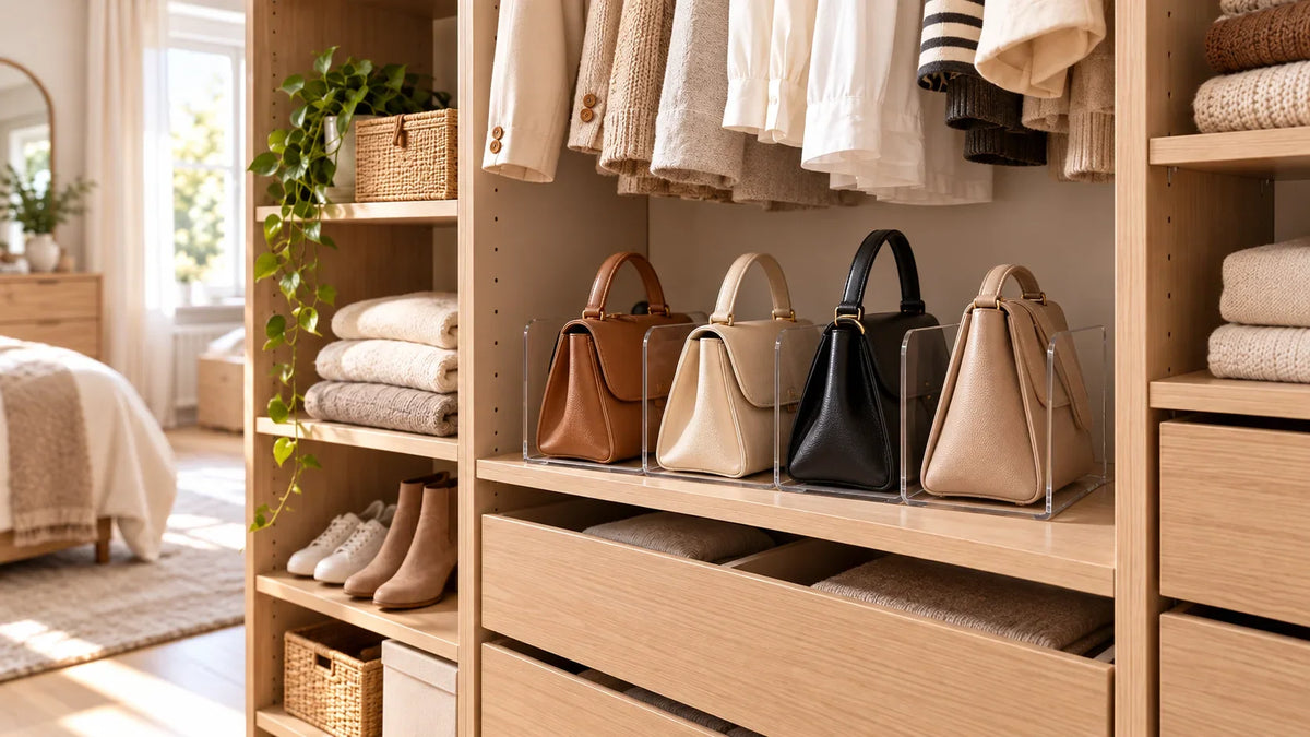 Dressing ordonné avec des sacs rangés dans un organisateur posé dans le dressing