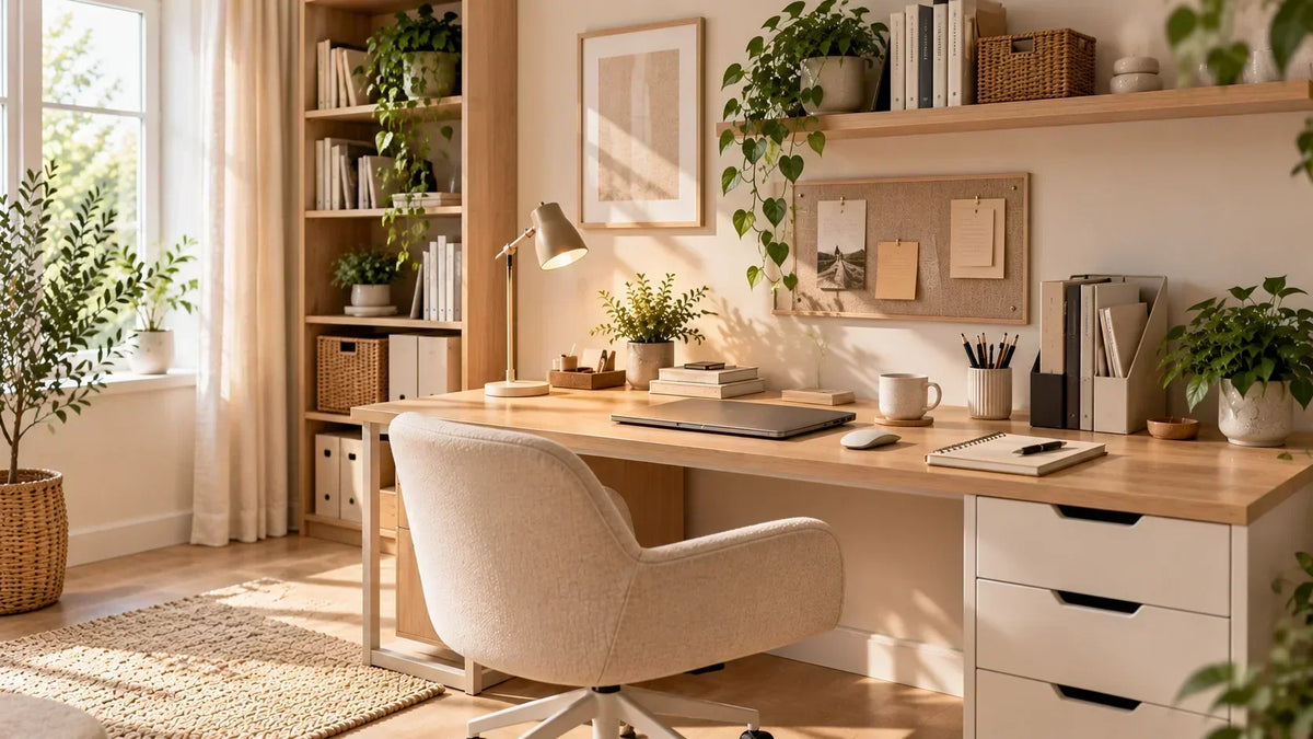 Bureau rangé avec des accessoires posés dessus