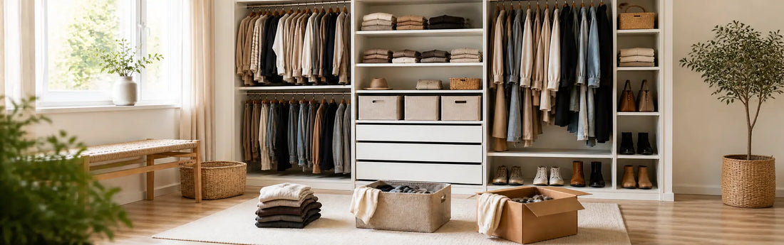Dressing avec des vêtements à l'intérieur, des paniers de rangement, des affaires au sol dans un panier, dans un carton