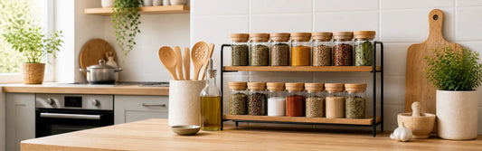 Rangement à épices posé sur un plan de travail dans une cuisine, avec un pot à ustensiles, une planche à découper et de la décoration