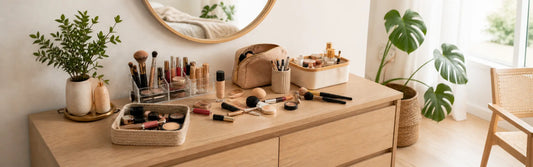 Maquillage sur une commode dans une chambre à coucher, rangé dans des bacs et dans une trousse à maquillage