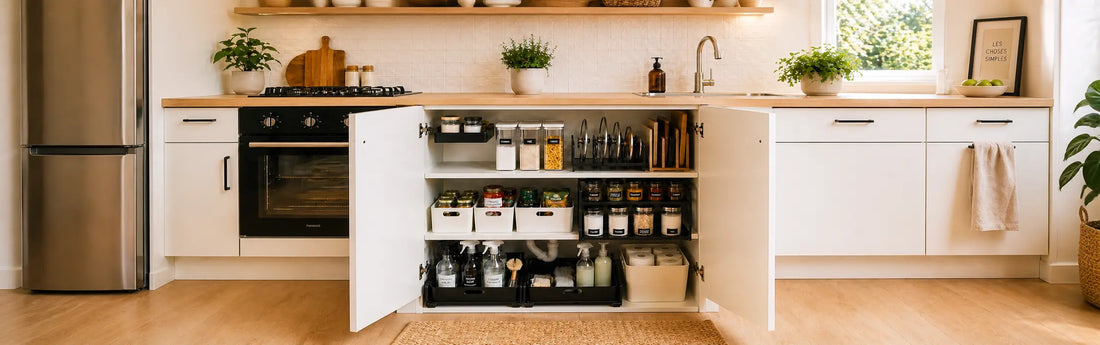 Placard de cuisine avec des rangements, des épices et produits