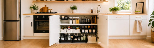 Placard de cuisine avec des rangements, des épices et produits