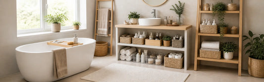Salle de bain avec une baignoire, un support pour baignoire, un meuble de salle de bain avec un évier intégré et des rangements, un porte-serviettes et une étagère avec des rangements