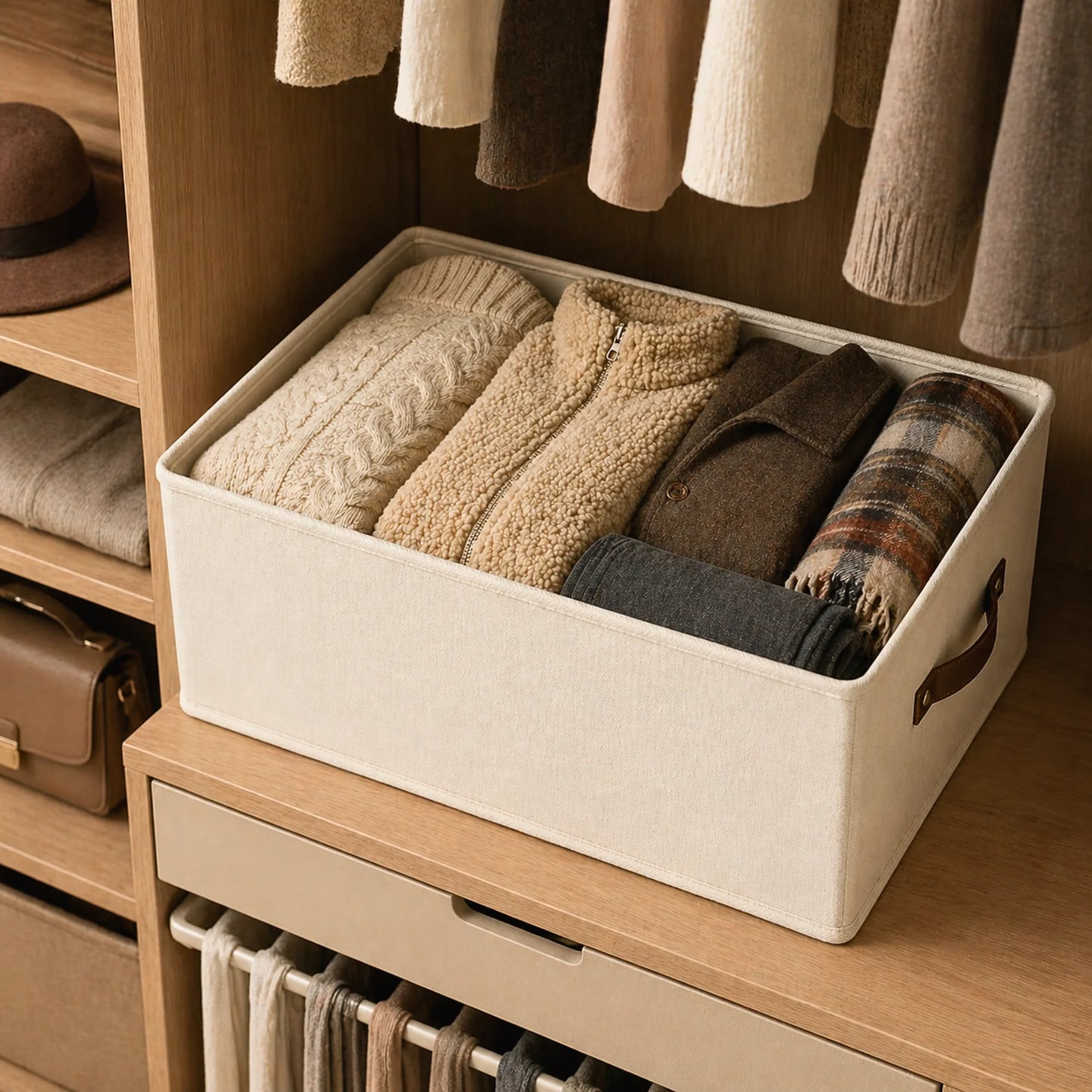 Bac de rangement Oxford avec des pulls, écharpe et pantalon rangés dedans, posé dans un dressing