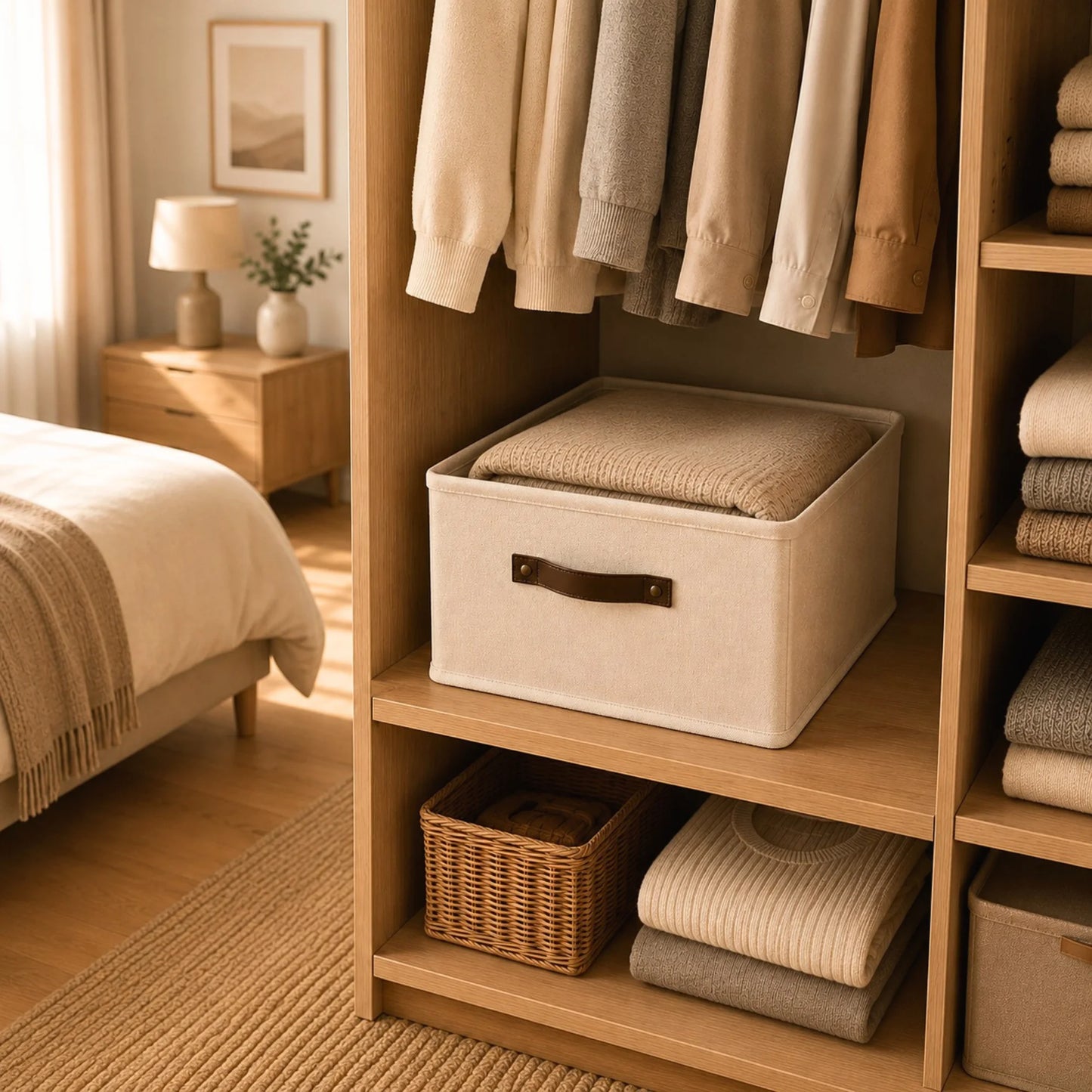 Bac de rangement Oxford avec du linge de lit rangé dedans posé dans un dressing