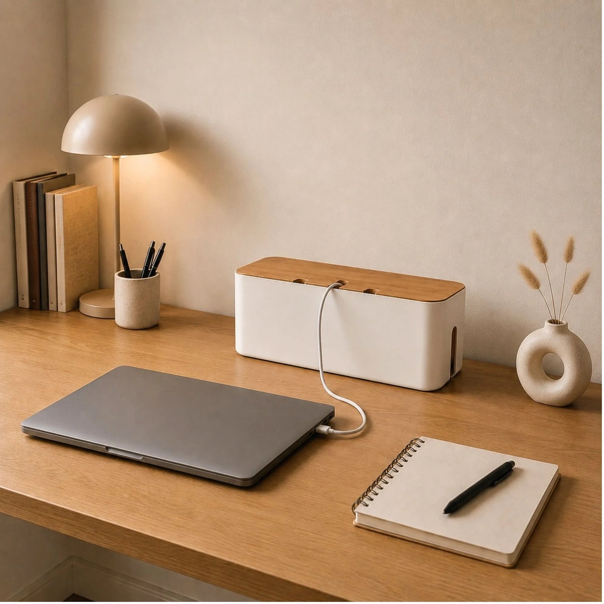 Boîte Cache Multiprise Bureau en Bambou posée sur un bureau avec un ordinateur portable en charge. 
