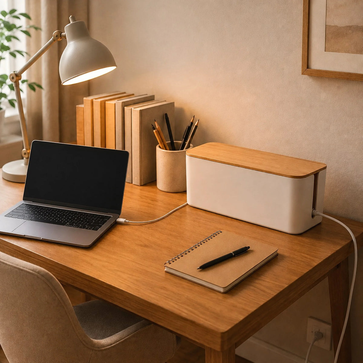 Boîte Cache Multiprise Bureau en Bambou posée sur un bureau avec un ordinateur portable en charge. 
