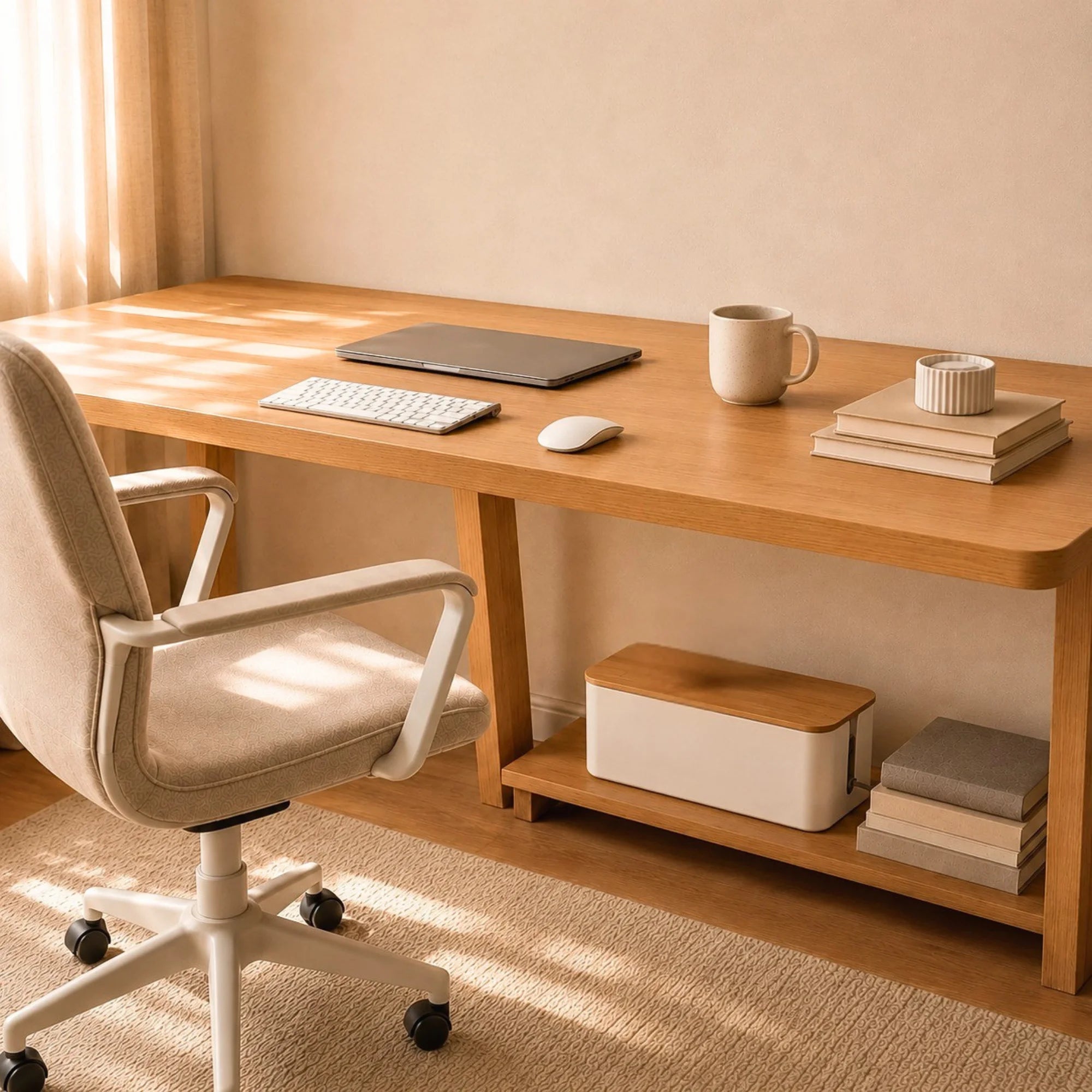 Boîte Cache Multiprise Bureau en Bambou rangée en bas d'un bureau.
 Image
