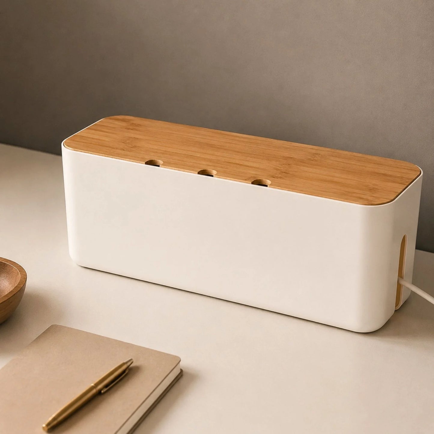 Zoom sur la boîte Cache Multiprise Bureau en Bambou
