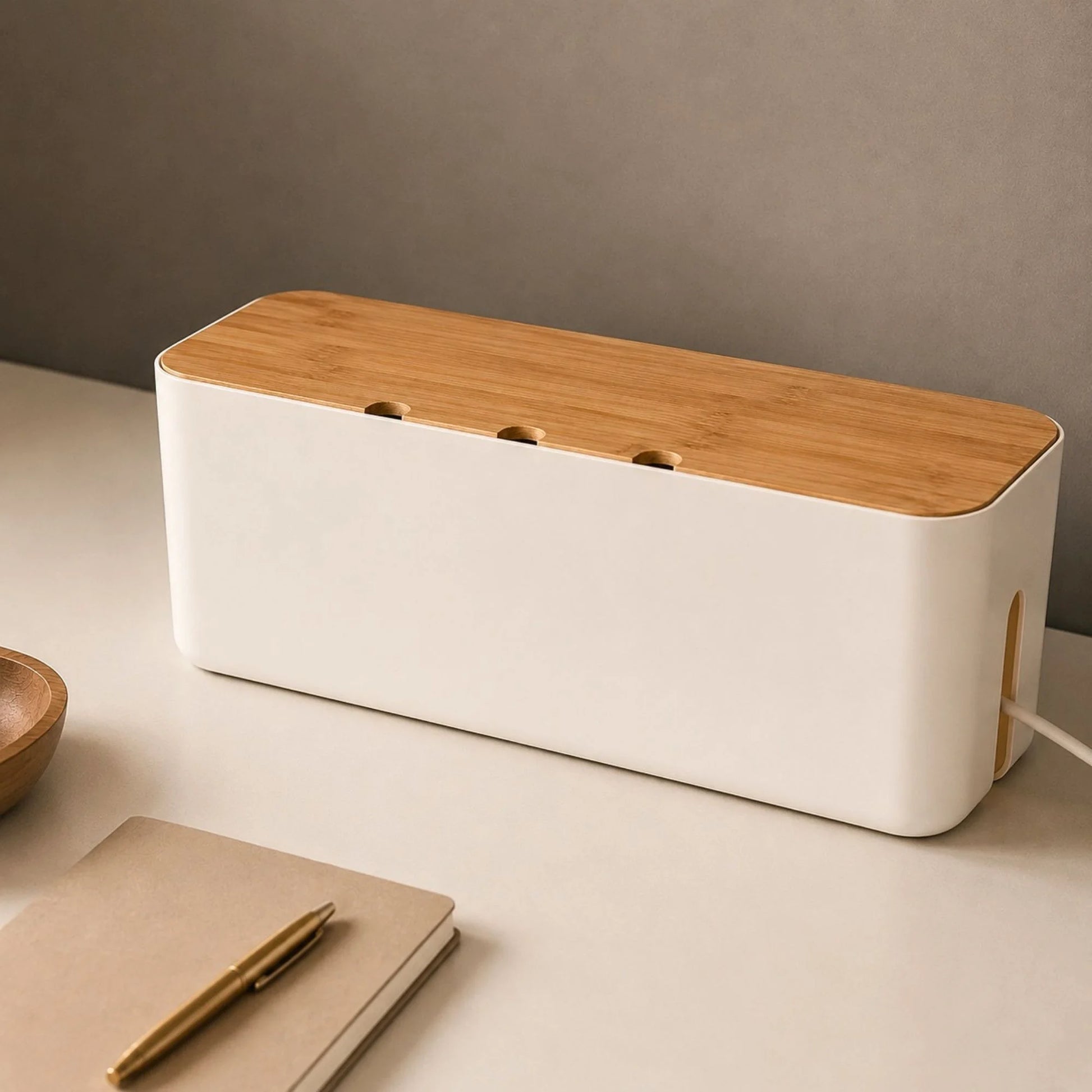 Zoom sur la boîte Cache Multiprise Bureau en Bambou
