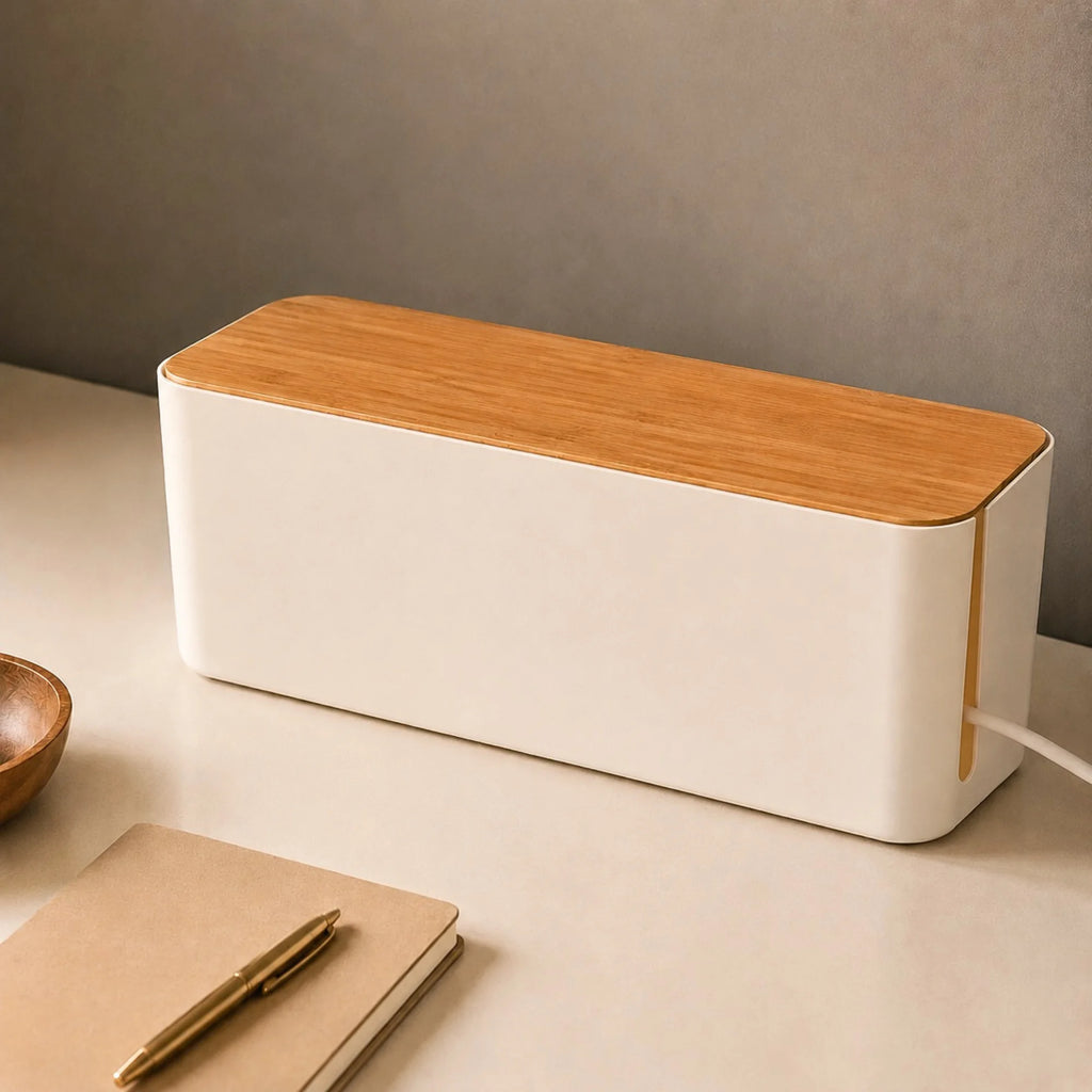 Zoom sur la boîte Cache Multiprise Bureau en Bambou posée sur un bureau.