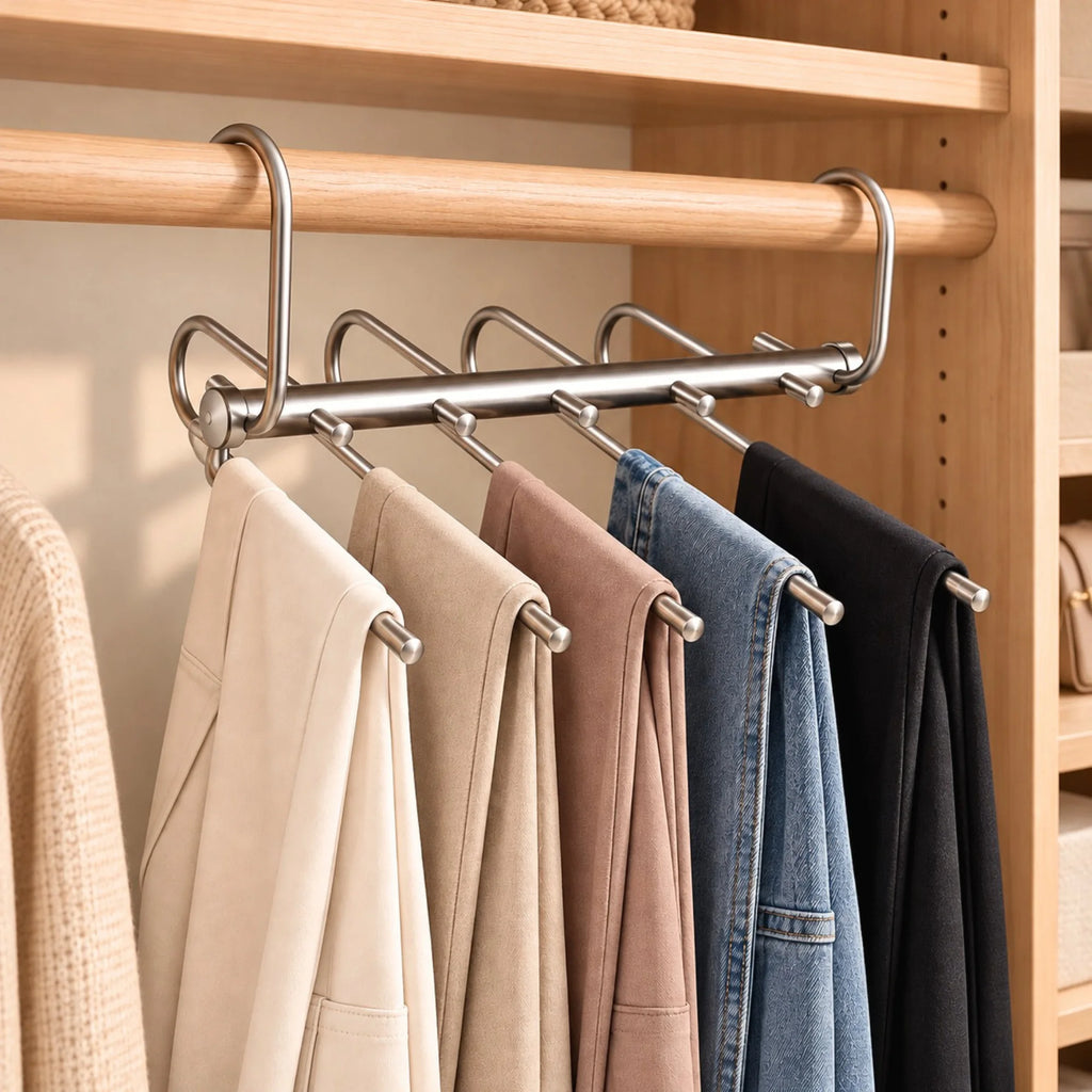 Cintre Pantalon 5 Barres avec des pantalons accrochés dessus