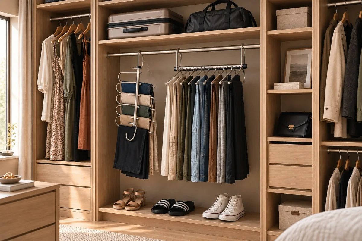 Cintre Pantalon 5 et 9 Barres dans un dressing dans une chambre à coucher Image