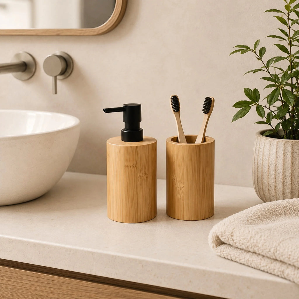 Distributeur Savon Bambou avec Porte-Brosses à Dents sur le bord d'un évier dans une salle de bain.