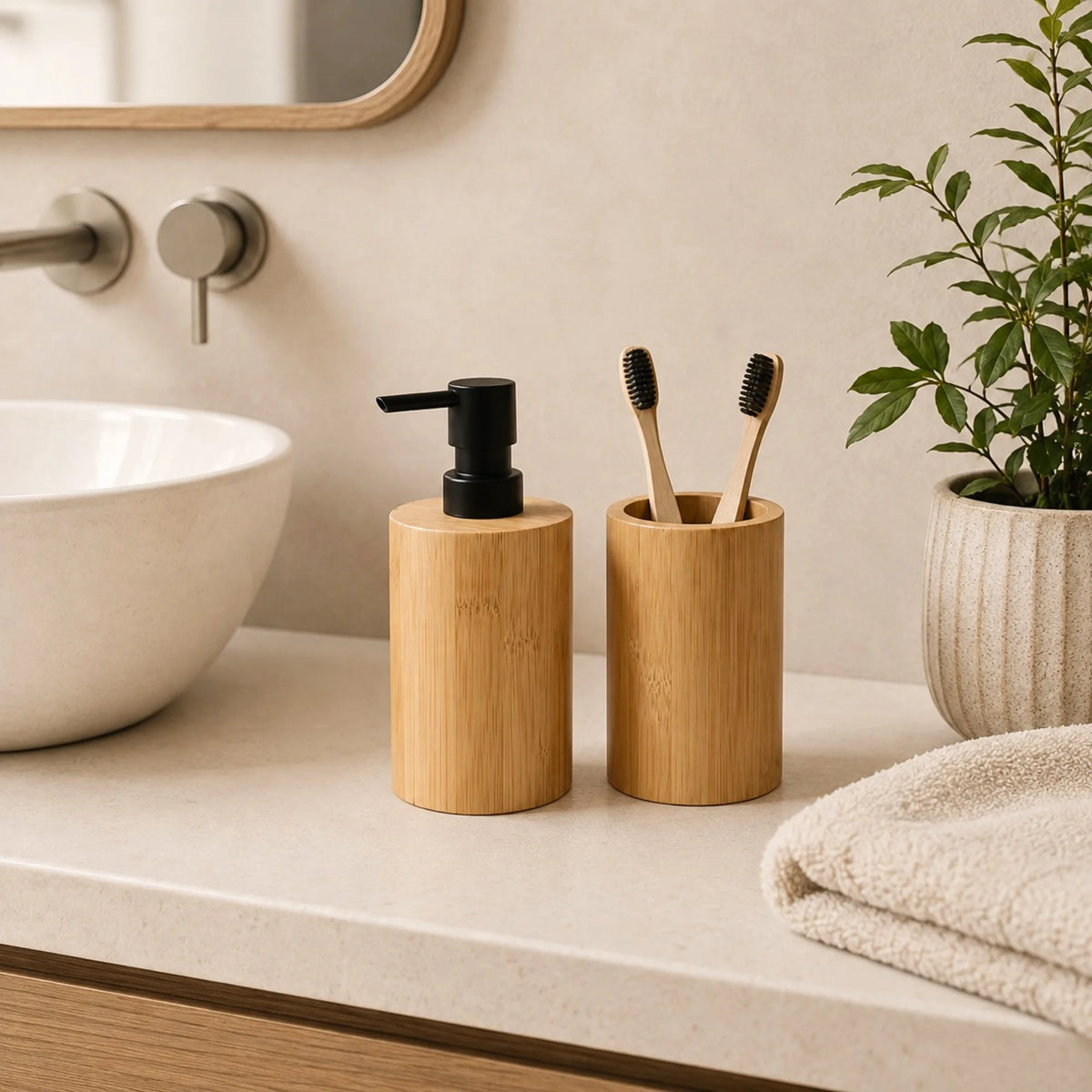 Distributeur Savon Bambou avec Porte-Brosses à Dents sur le bord d'un évier dans une salle de bain. Image