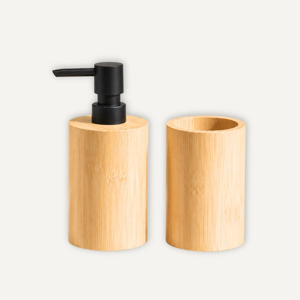 Distributeur Savon Bambou avec Porte-Brosses à Dents