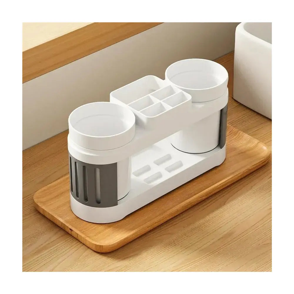 pot double vide pour affaires de salle de bain sur un socle en bois