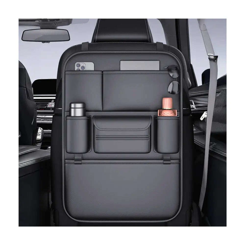 Organisateur de siège arrière voiture grand format 6 poches en utilisation réelle dans une voiture avec des objets rangés à l'intérieur