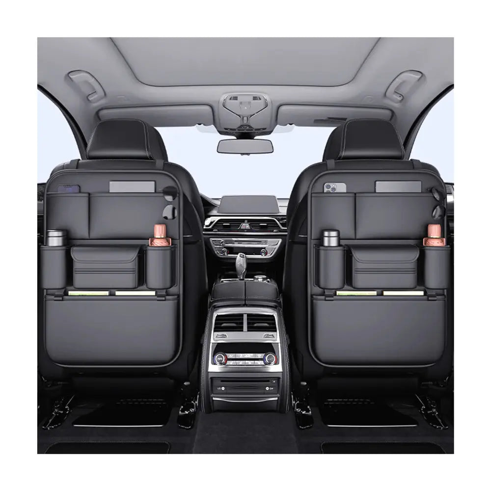 Organisateurs de sièges arrière voiture grand format 6 poches en utilisation réelle dans une voiture avec des objets rangés à l'intérieur