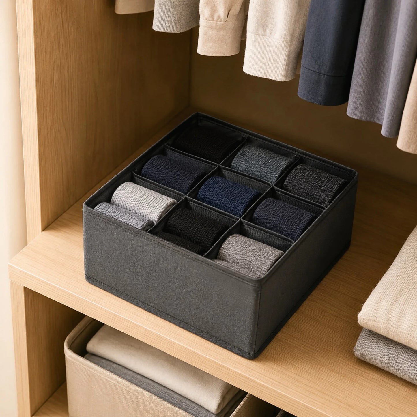 Organisateur Tiroir Sous-Vêtements et Chaussettes dans un dressing avec des chaussettes rangées dedans.