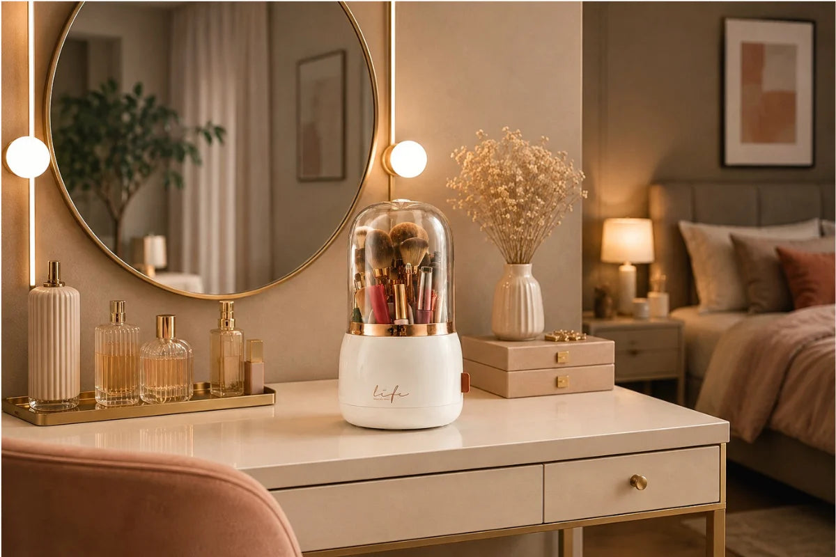 Organisateur Pinceaux Maquillage Rotatif 360° blanc avec Couvercle sur une coiffeuse dans une chambre à coucher. Image