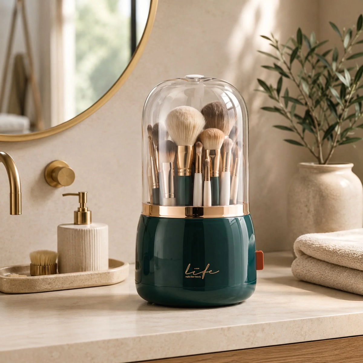 Organisateur Pinceaux Maquillage Rotatif 360° vert foncé avec Couvercle dans une salle de bain.