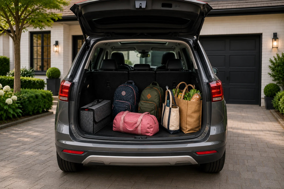 Organisateur de coffre souple dans un coffre de voiture avec d'autres affaires et sacs rangés dedans. Image