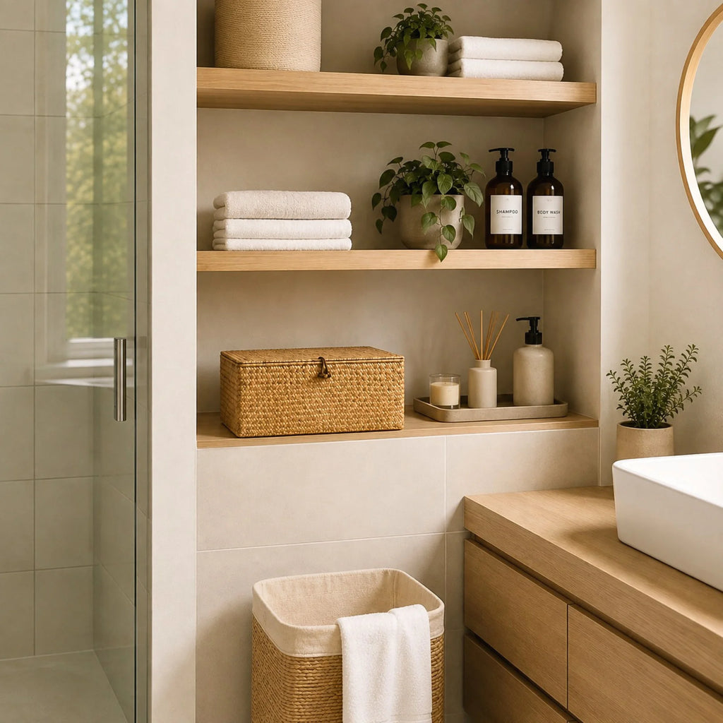 Panier de Rangement Osier Tressé avec Couvercle sur une étagère de salle de bain.