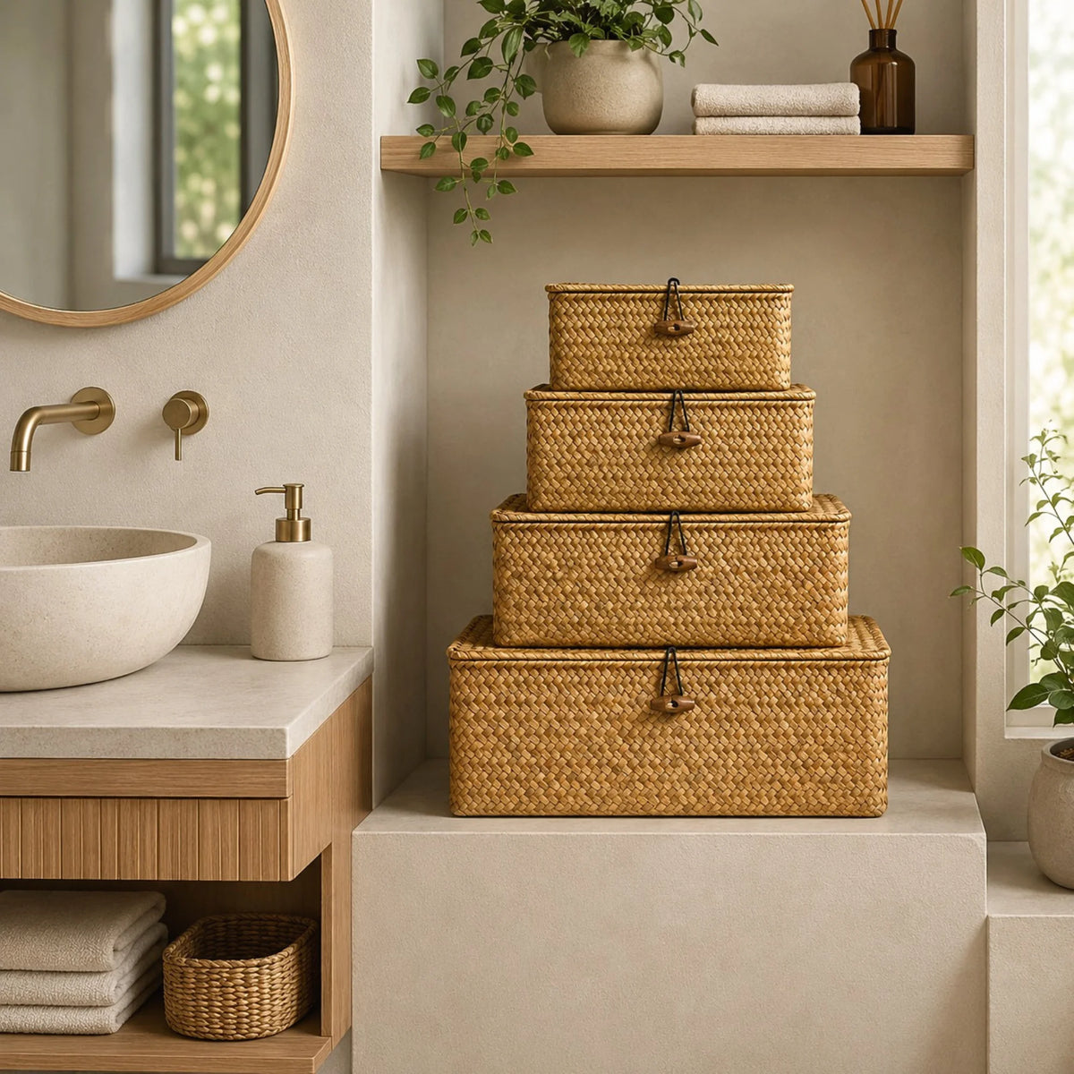 Lot de 4 paniers de Rangement Osier Tressé avec Couvercle empilés dans une salle de bain;