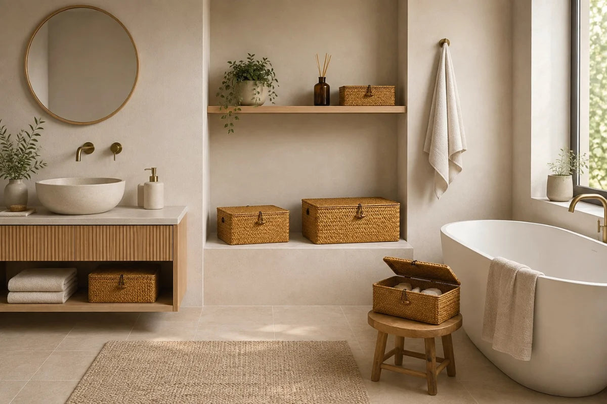 5 paniers de Rangement Osier Tressé avec Couvercle dans une salle de bain. Image