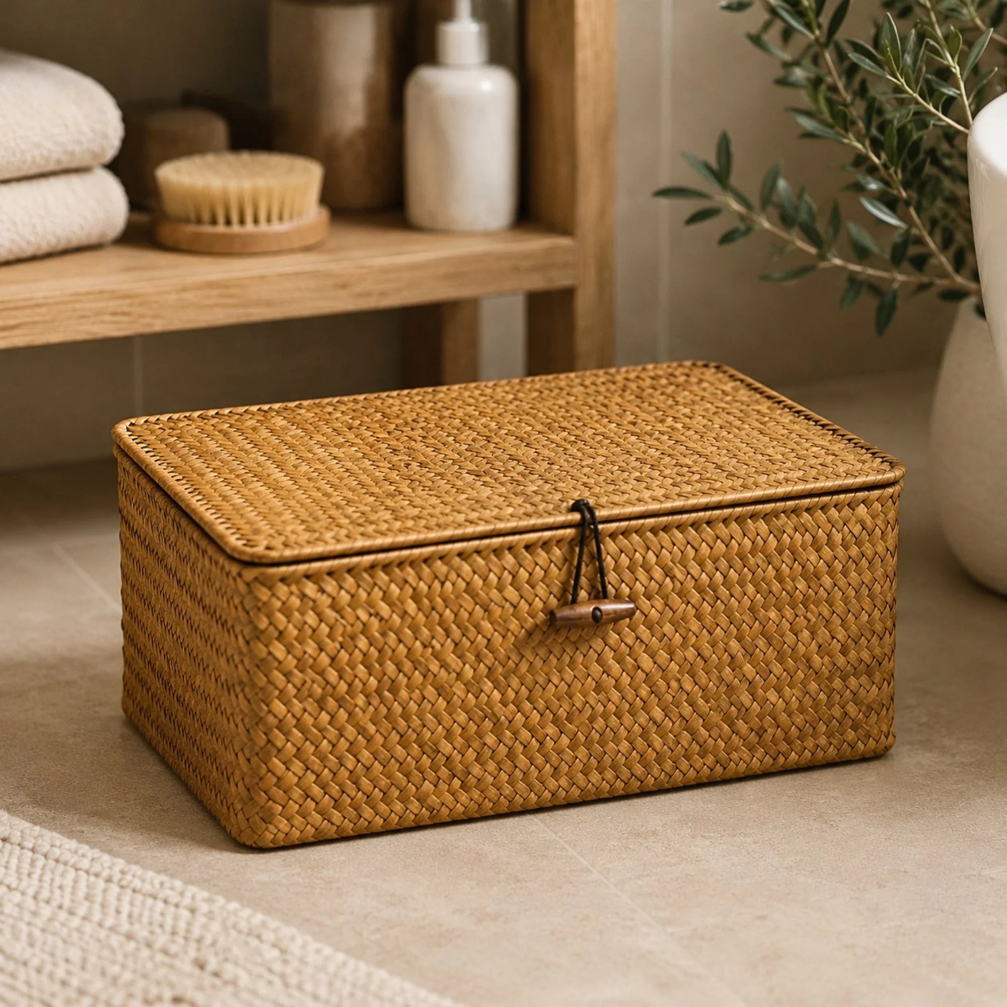 Panier de Rangement Osier Tressé avec Couvercle fermé posé dans une salle de bain. Image