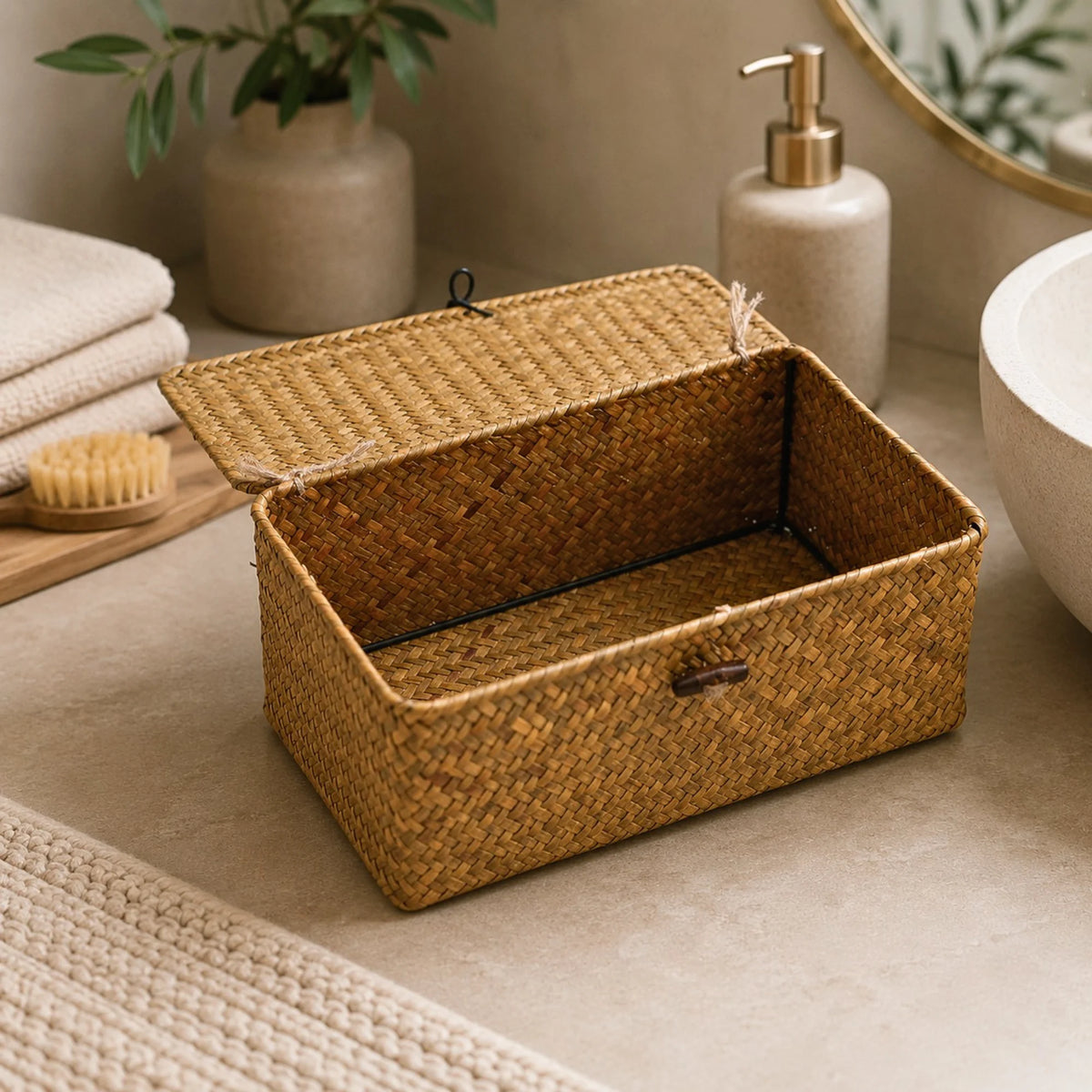 Panier de Rangement Osier Tressé avec Couvercle vide ouvert dans une salle de bain.