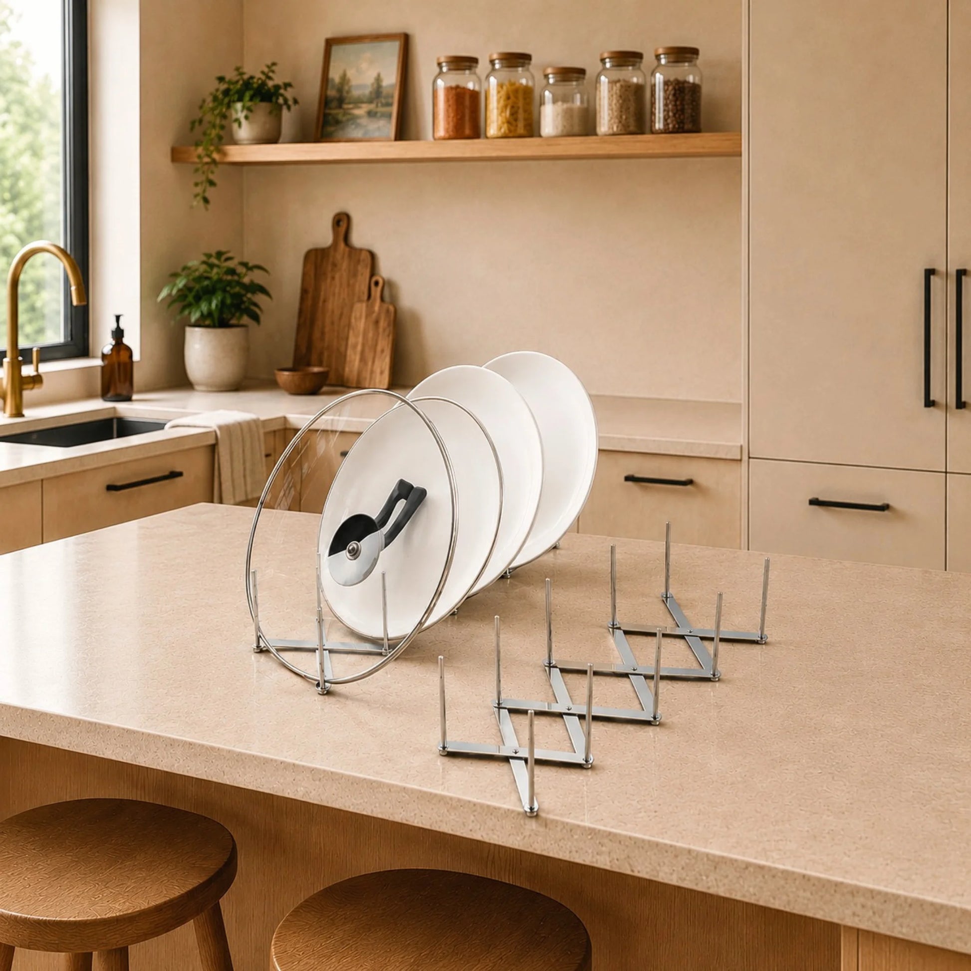 Range couvercles extensible avec des assiettes et un couvercle de casserole posé sur un ilot central. Et un range couvercle extensible vide.