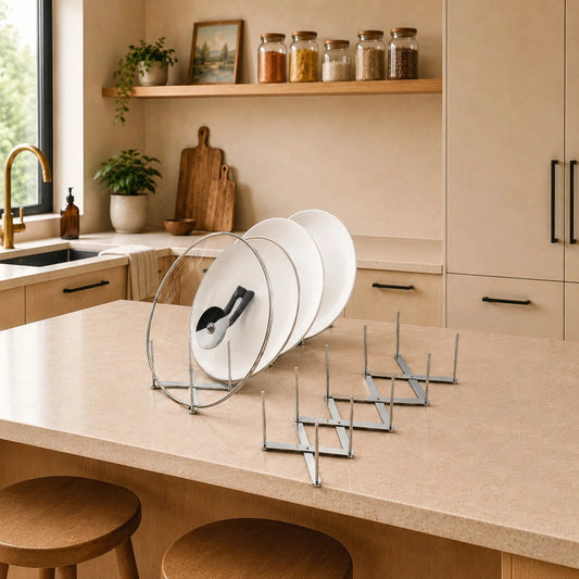 Range couvercles extensible avec des assiettes et un couvercle de casserole posé sur un ilot central. Et un range couvercle extensible vide.