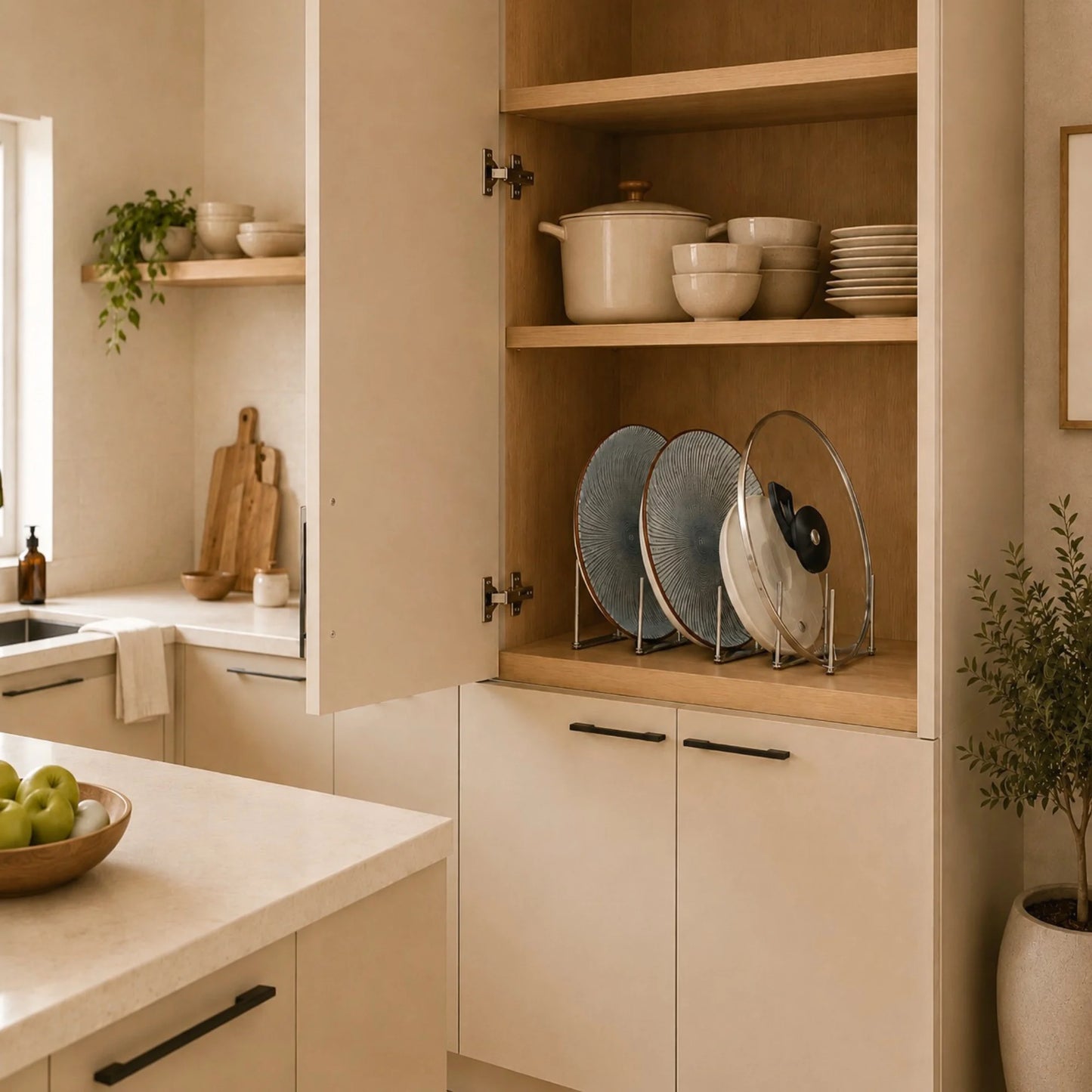 Range couvercles extensible avec des assiettes et un couvercle de casserole rangé dans un placard.