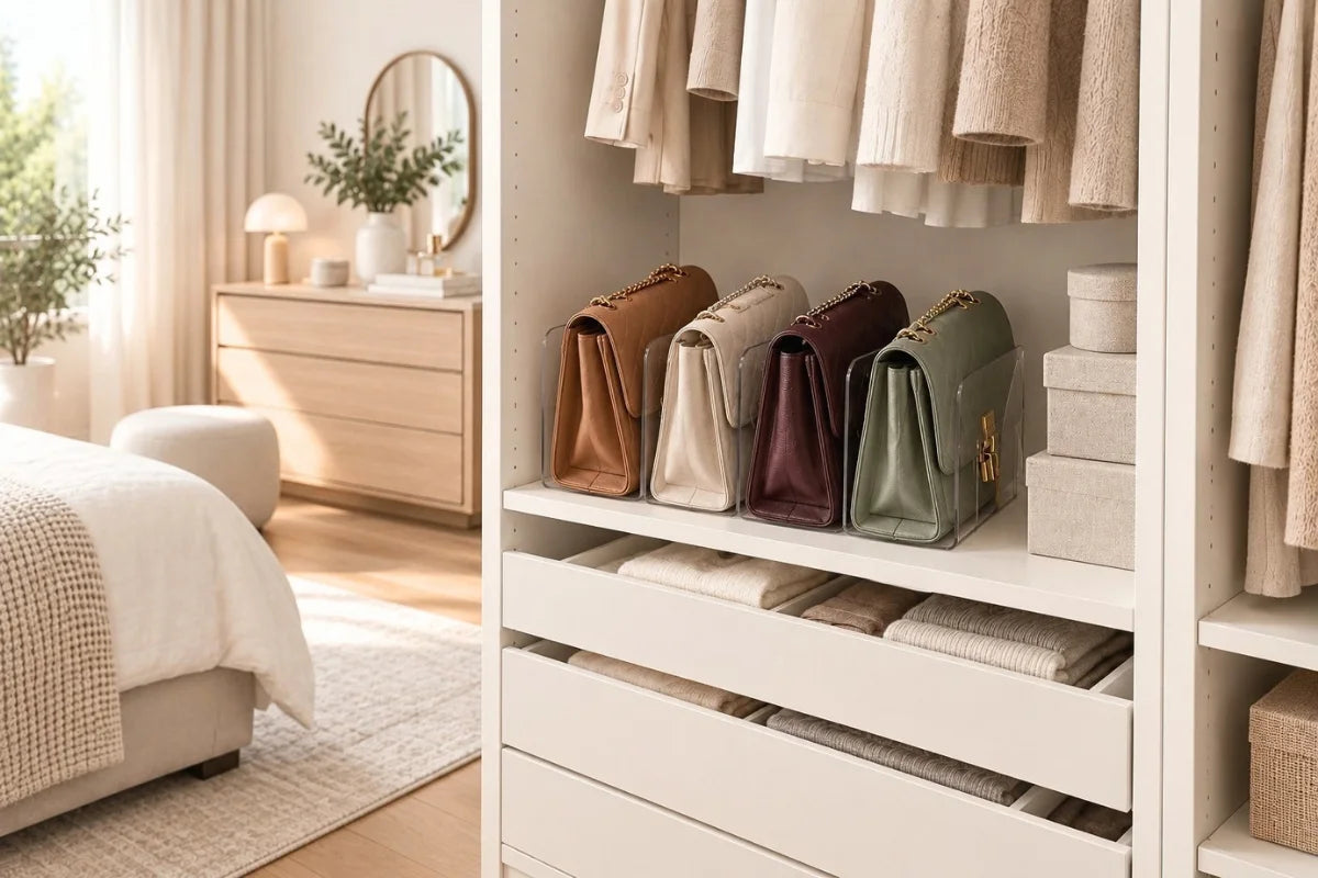 Rangement Sac à Main à 4 Compartiments avec 4 sacs rangés dans un dressing d'une chambre à coucher Image
