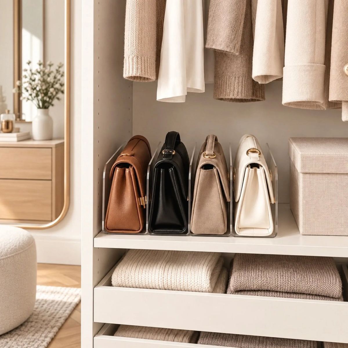 Rangement Sac à Main à 4 Compartiments avec 4 sacs rangés dans un dressing Image