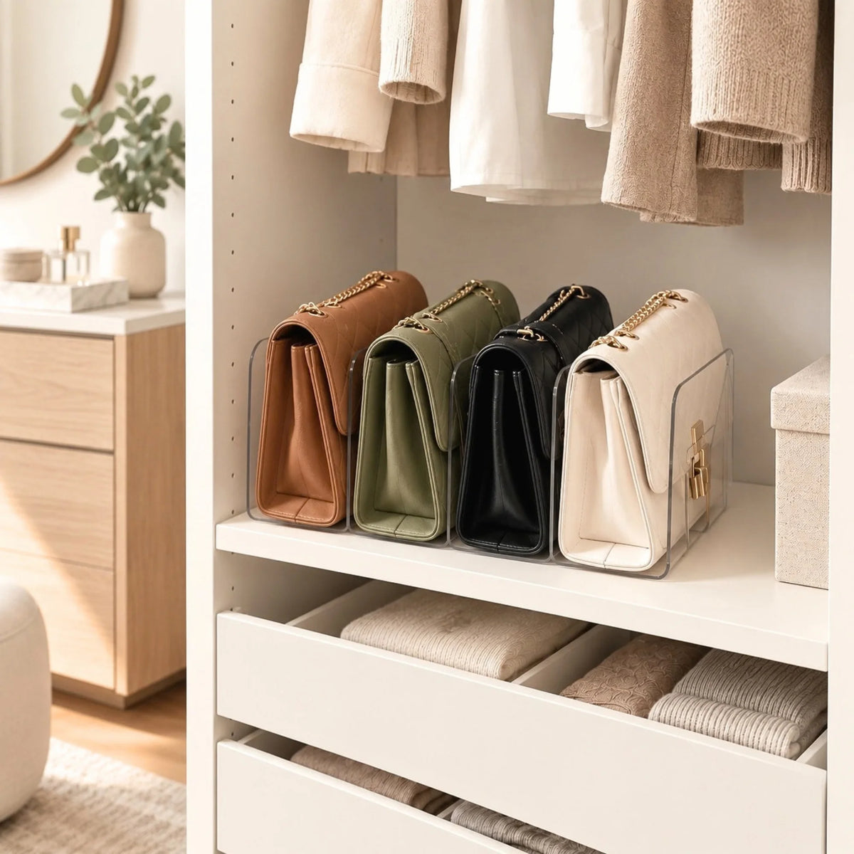 Rangement Sac à Main à 4 Compartiments avec 4 sacs rangés dans un dressing