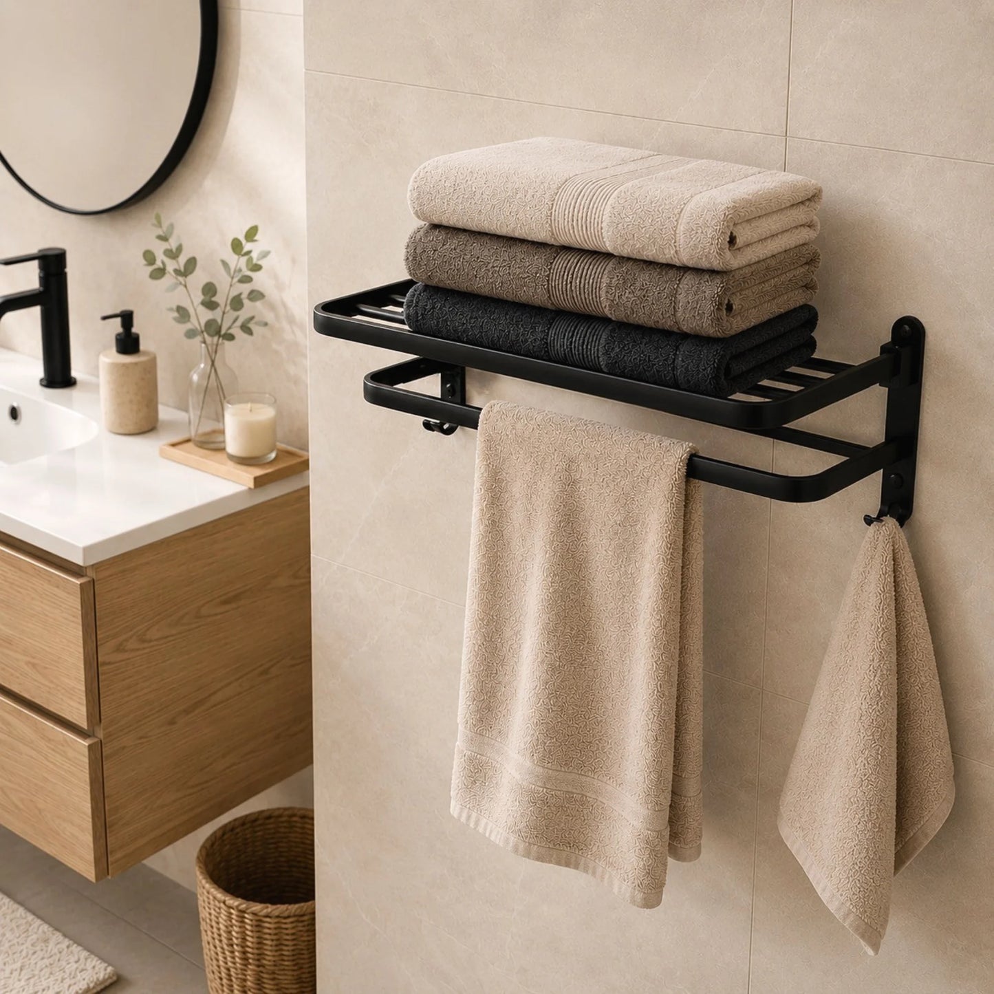 Etagère Porte-Serviettes Mural Salle de Bain Noir Mat avec des serviettes accrochées et rangées