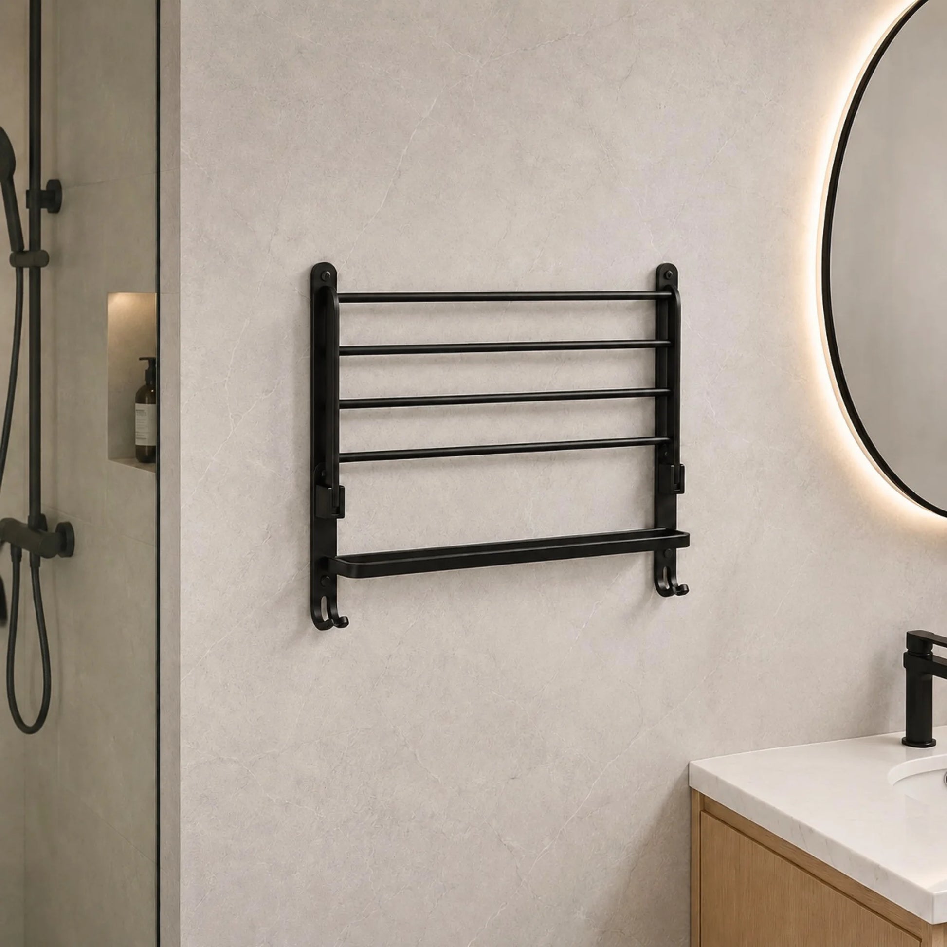 Etagère Porte-Serviettes Mural Salle de Bain Noir Mat replié