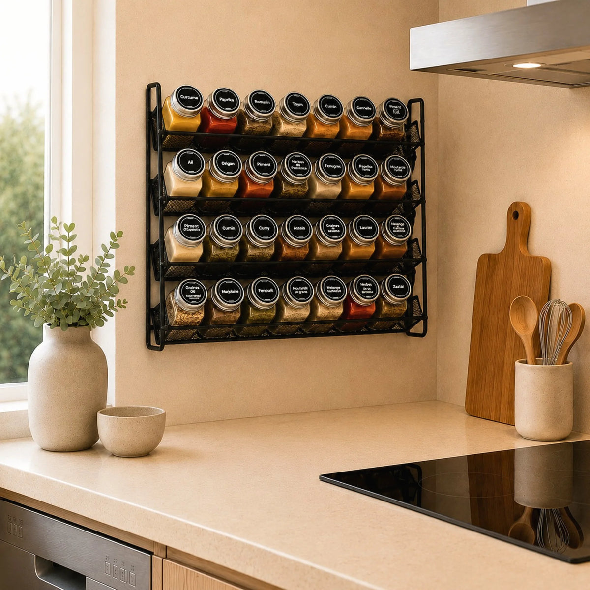 Etagère à épices accrochée sur le mur d'une cuisine.