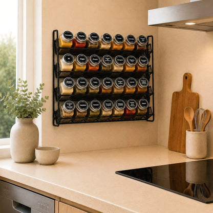 Etagère à épices accrochée sur le mur d'une cuisine.