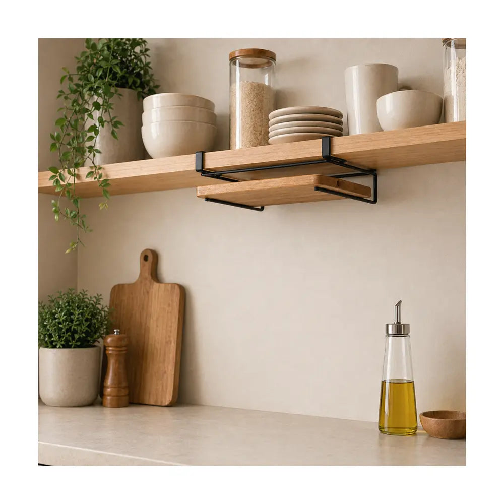 support planches à découper simple accroché à une étagère dans une cuisine