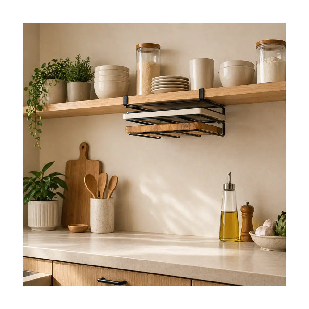 support planches à découper double accroché à une étagère dans une cuisine
