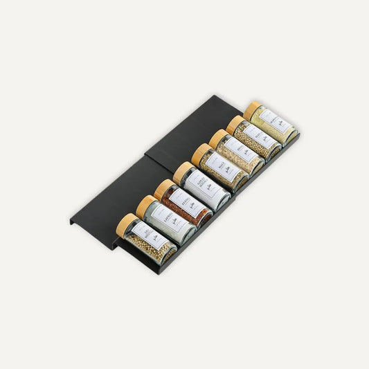 support de rangement d'épices à mettre dans un tiroir avec des bocaux d'épices 