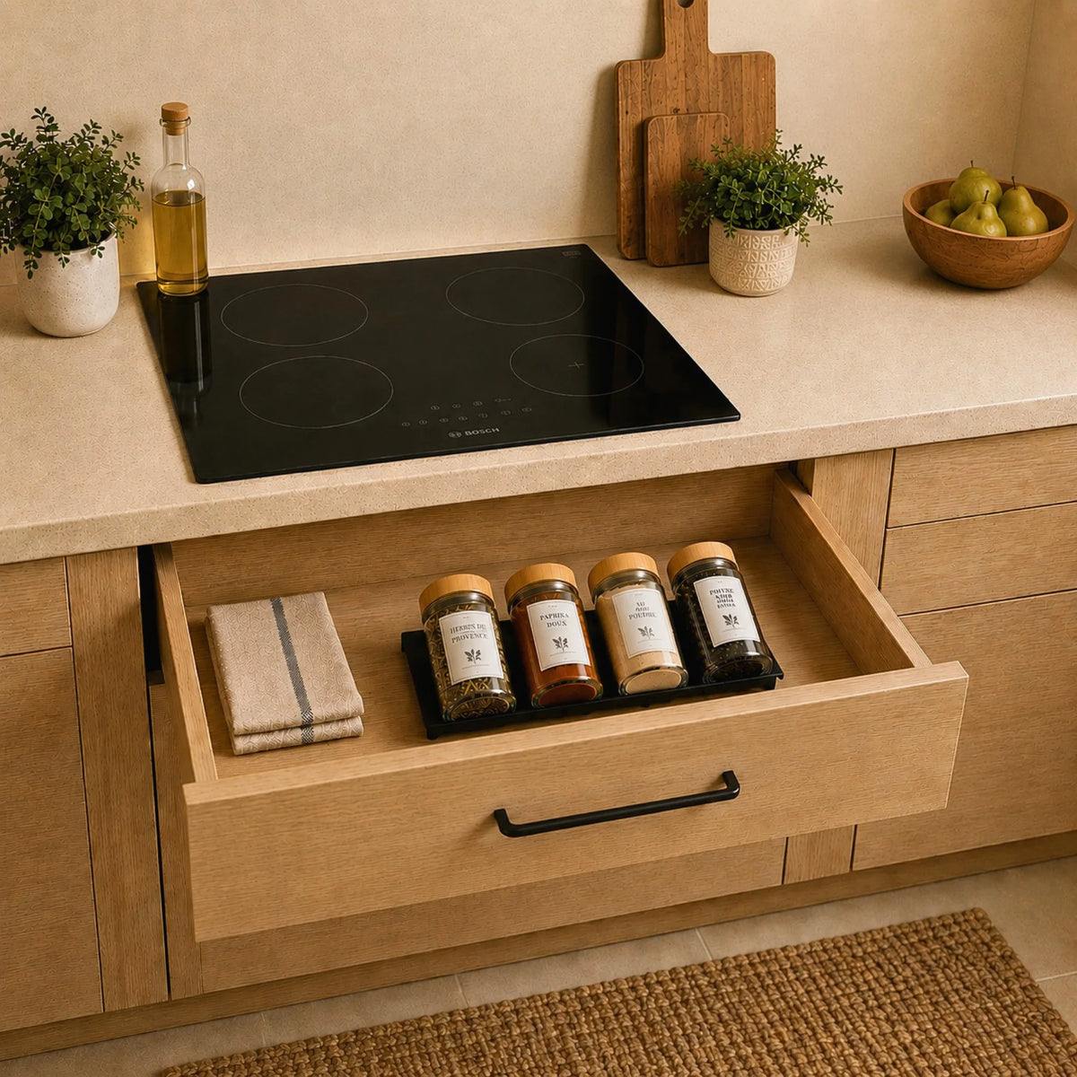 Support à épices rangé dans un tiroir d'une cuisine sous une plaque à induction, avec un torchon